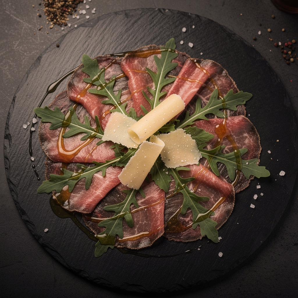 Thinly sliced raw Fassona beef carpaccio with shaved cheese