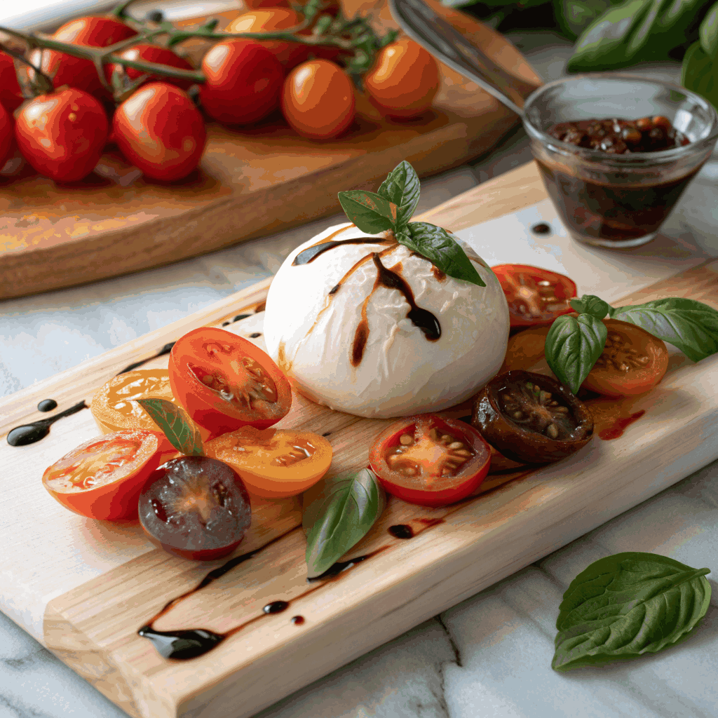 Smoked burrata with heirloom tomatoes and basil reduction