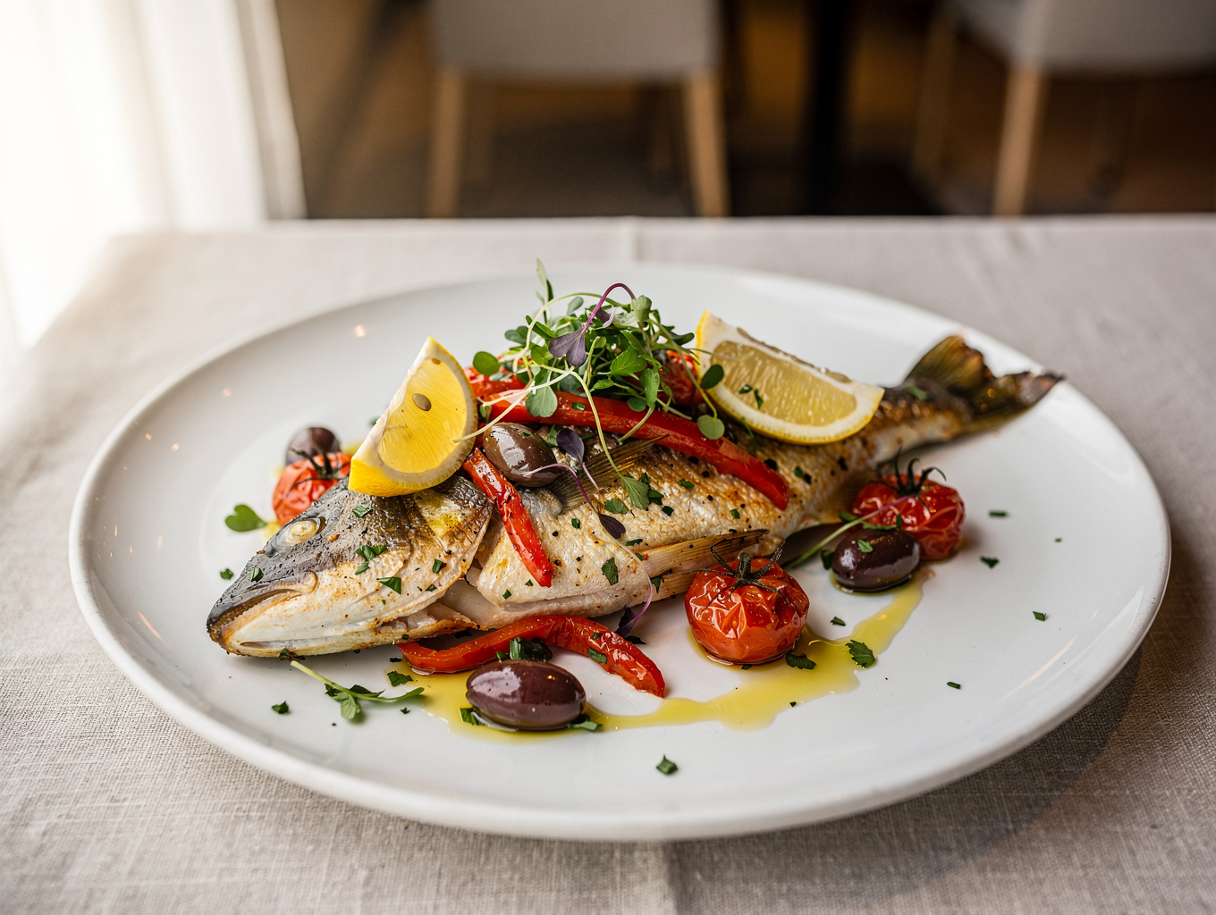 Crisp pan-roasted Mediterranean sea bass with olives and tomatoes