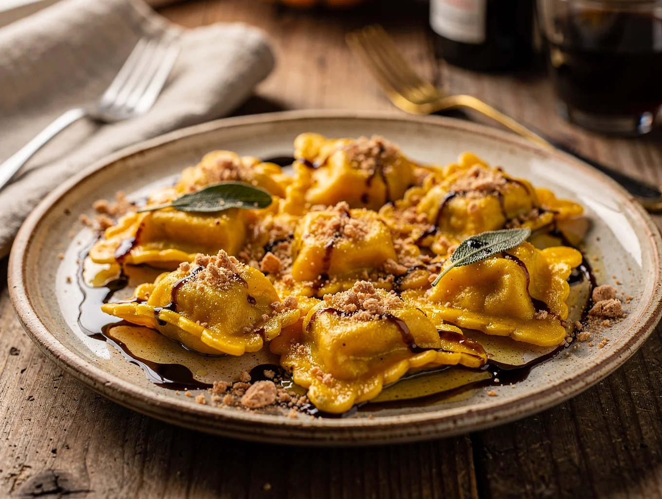 Plated handmade pumpkin tortelli with sage brown butter