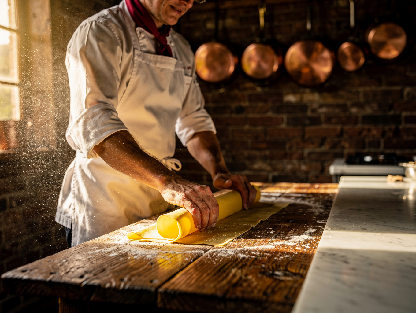 Chef crafting fresh pasta on a dusted wooden prep table