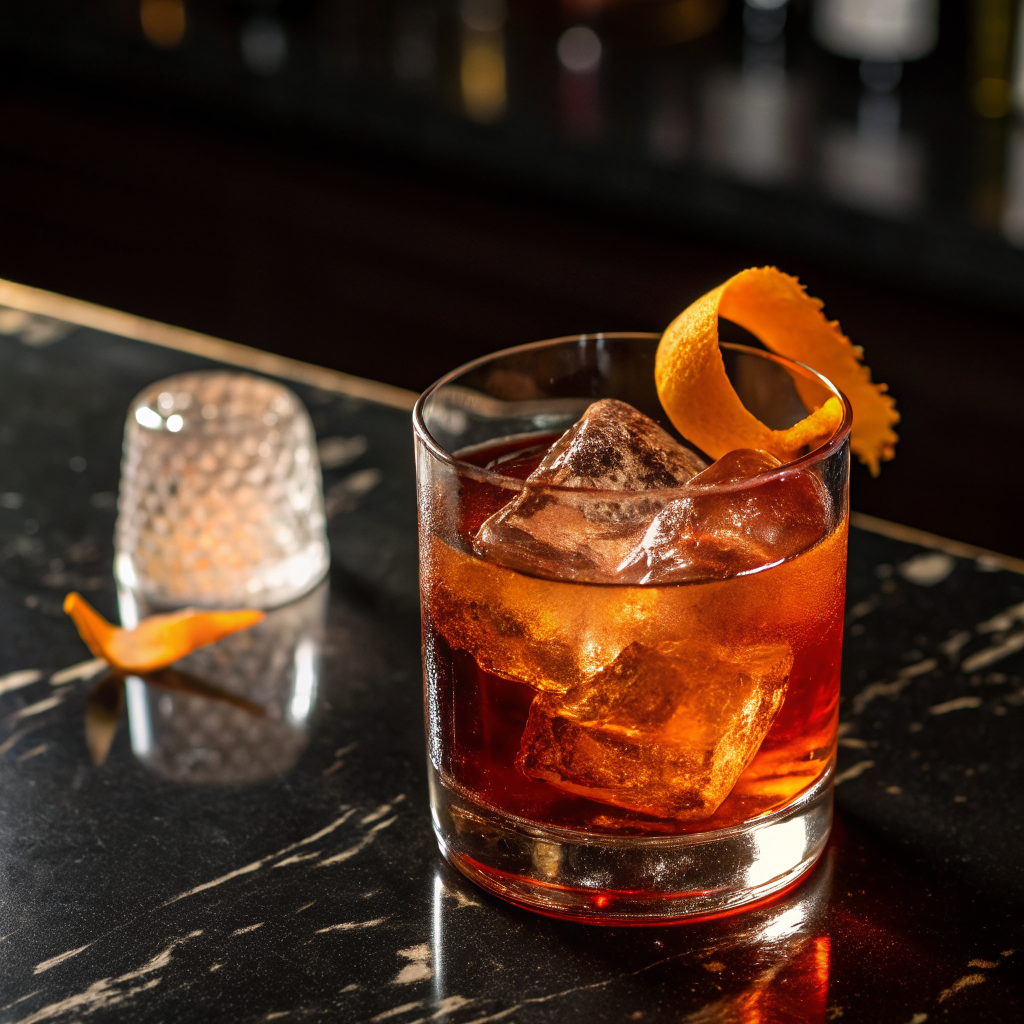 Smoked negroni cocktail in faceted crystal glass with fresh rosemary