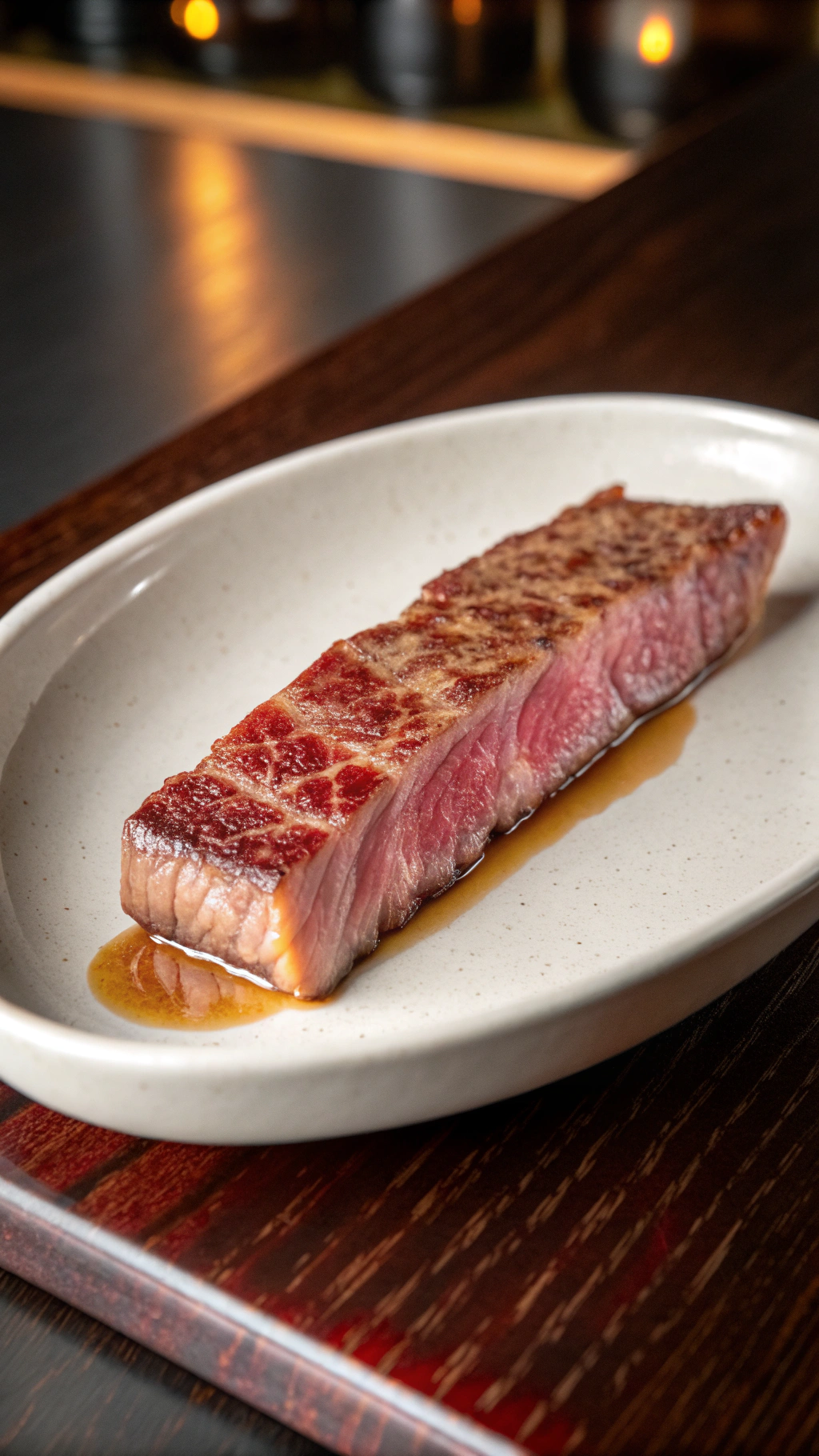 Grilled prime Florentine steak resting on warm wood cutting board