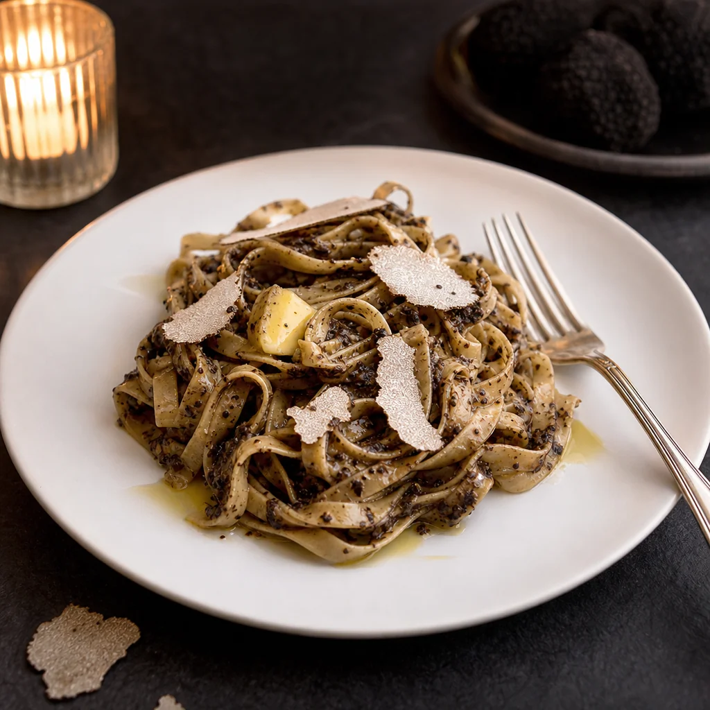 Plated fresh handmade tagliolini with shaved black truffle