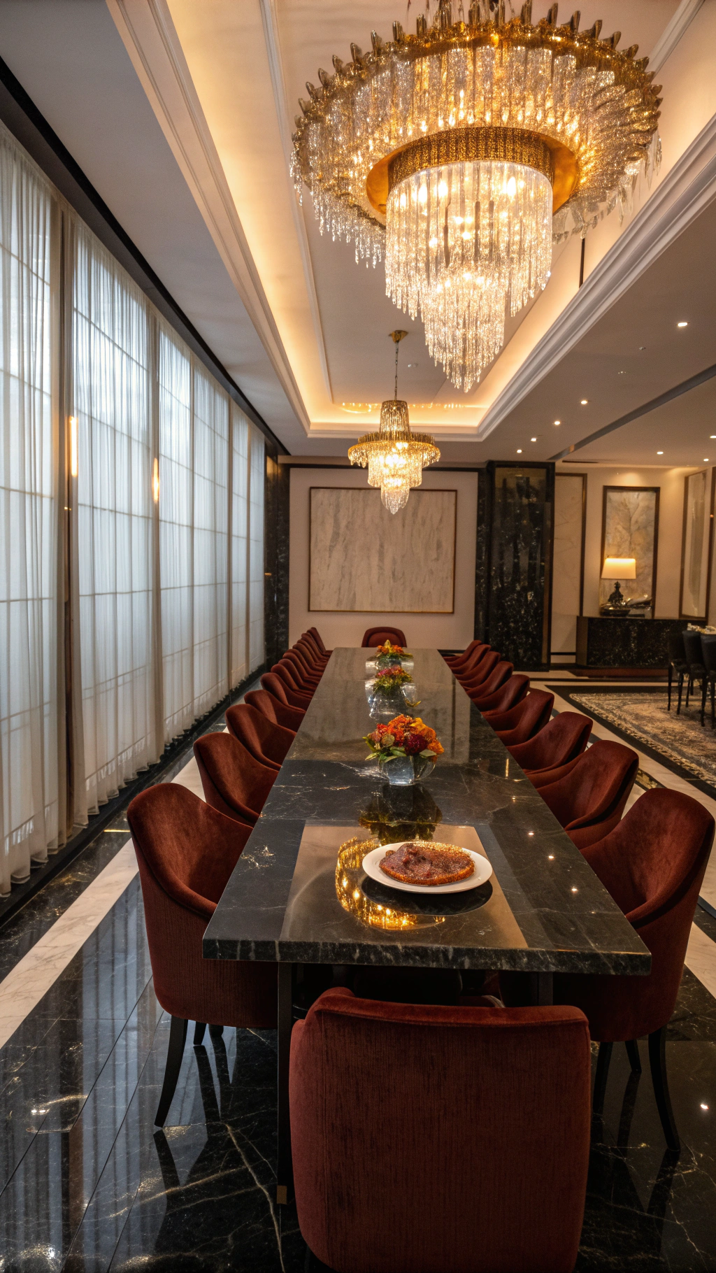 Intimate main dining room with candlelit tables and travertine walls