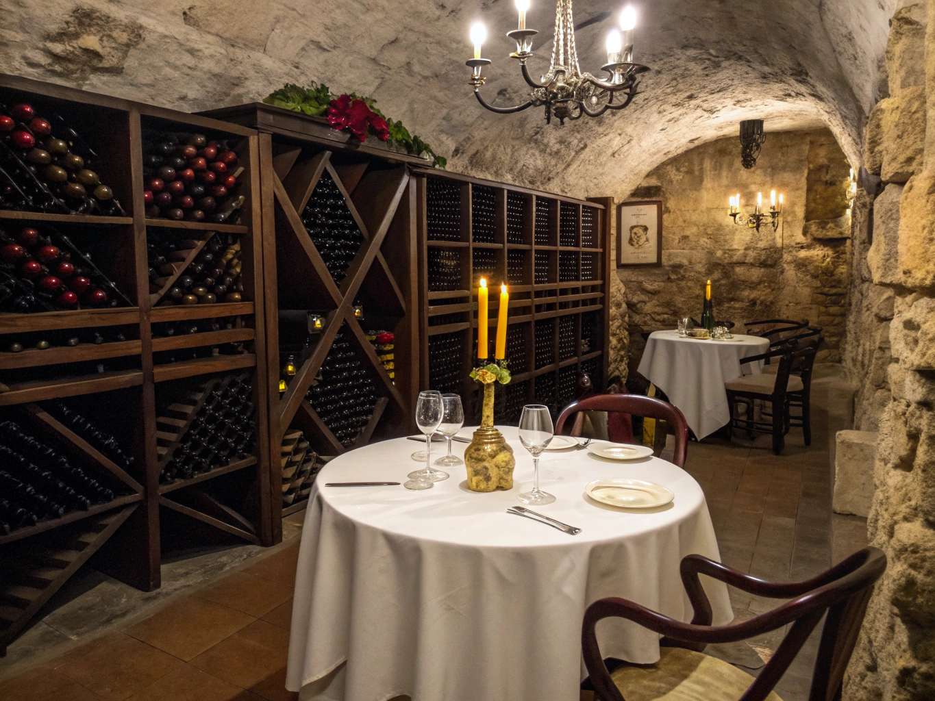 Private dining room with arched wine cellar and long oak table