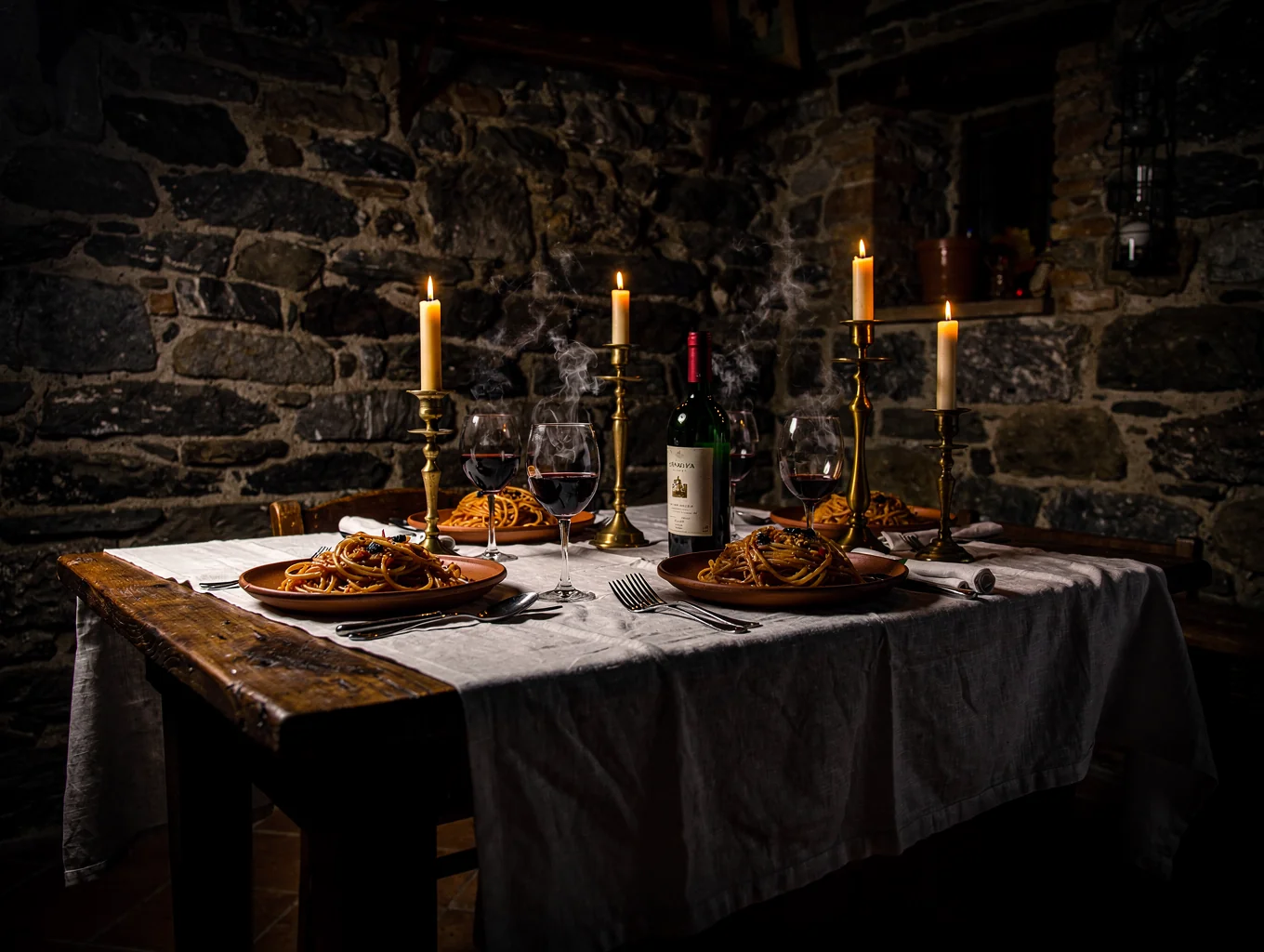 Artisanal handmade pasta in candlelit Italian dining room