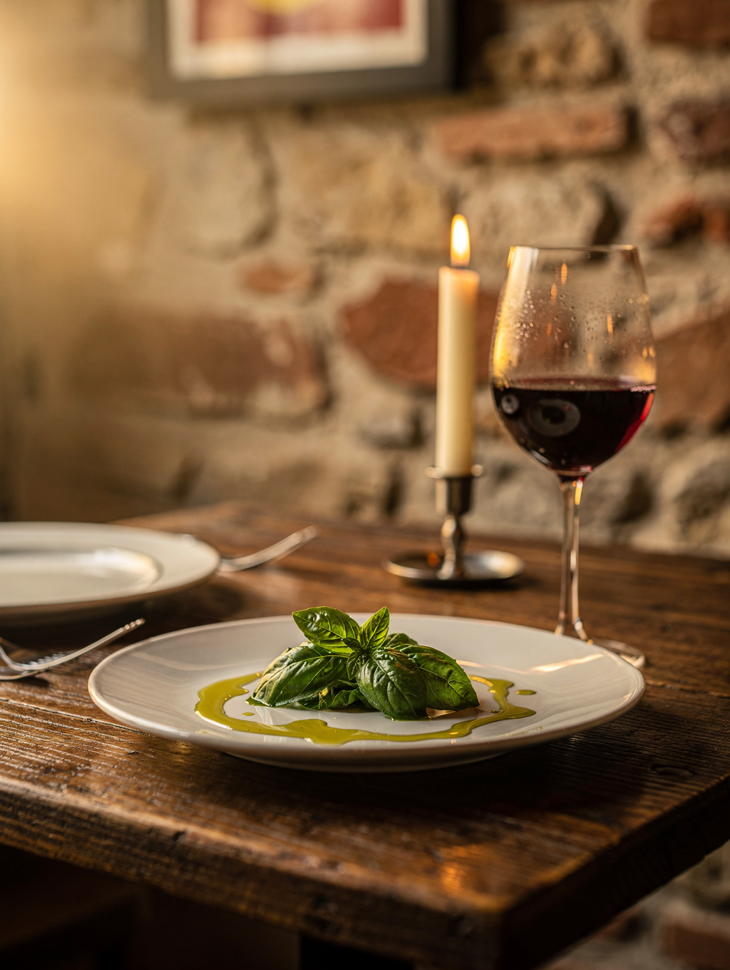 Atmospheric candlelit table setting at MISTO with artisanal wine and pasta