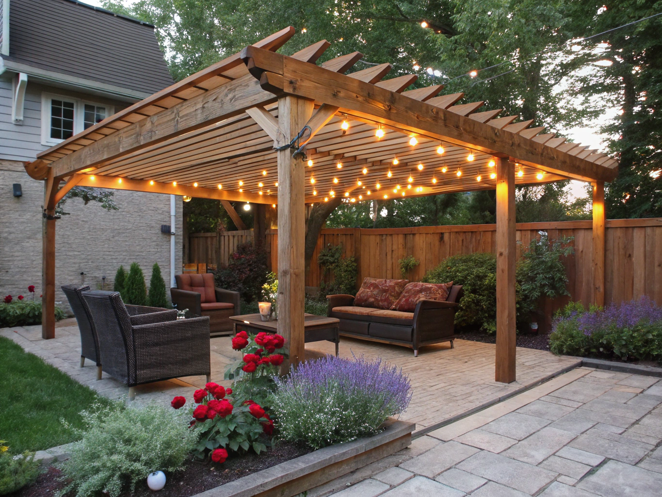 Evening outdoor veranda with glowing lanterns and covered dining tables