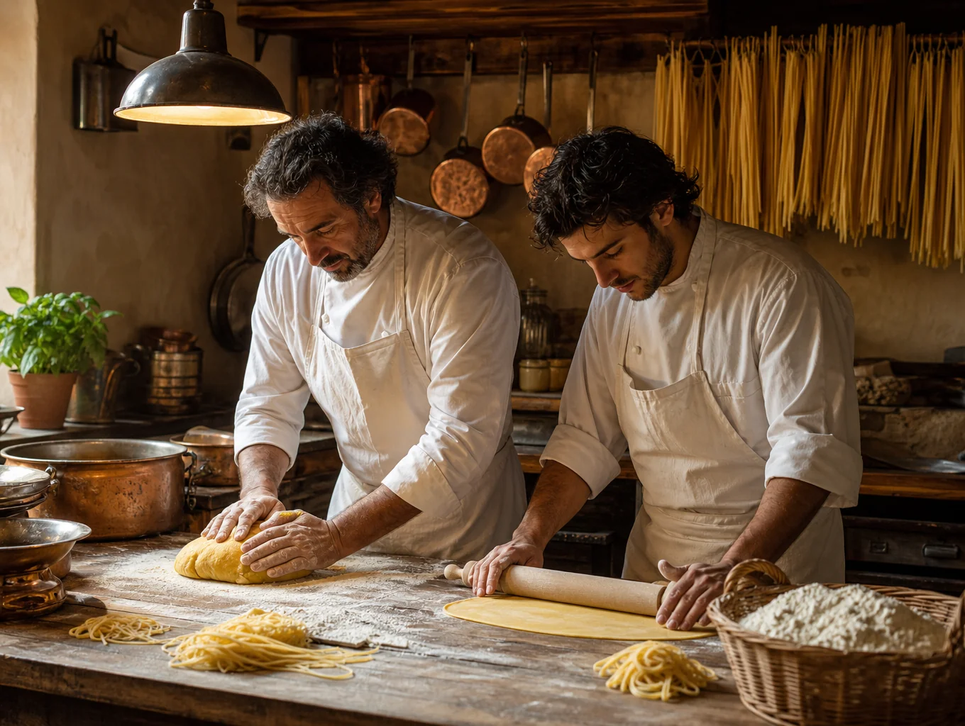 Chefs preparing fresh handmade pasta behind a polished stone open kitchen counter