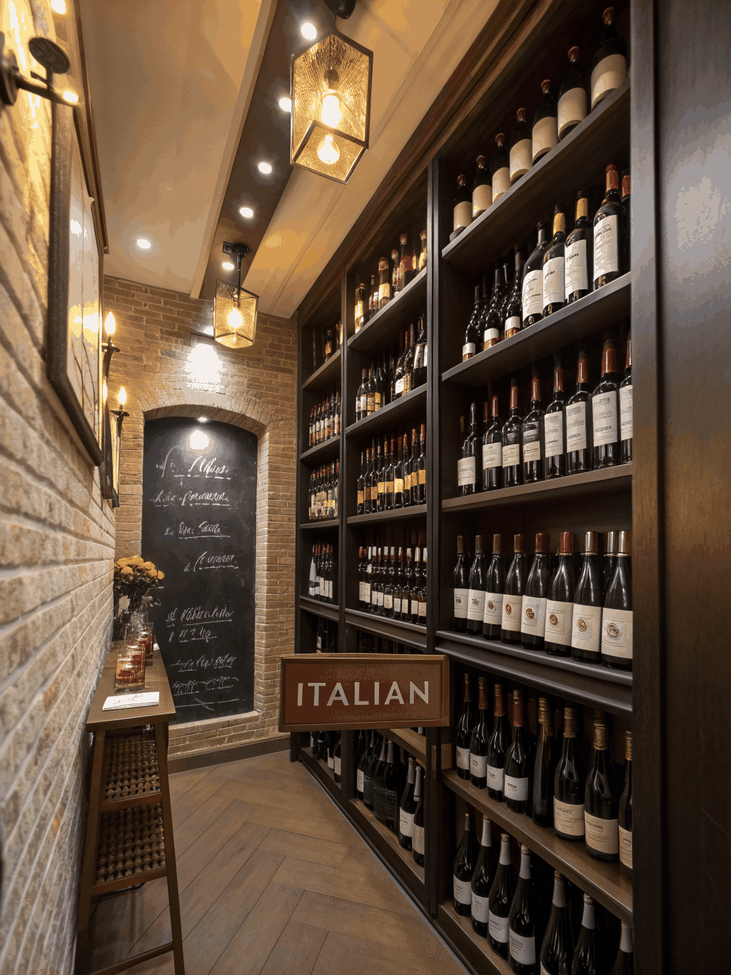 Intimate wine vault featuring Italian vintages and dim ambient golden illumination